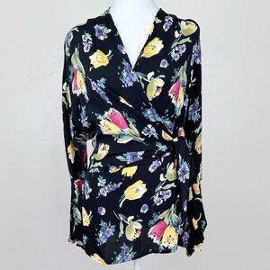 Vintage Rodier Floral Wrap Long Sleeve Black Multicolor Print Top 46 FR US L